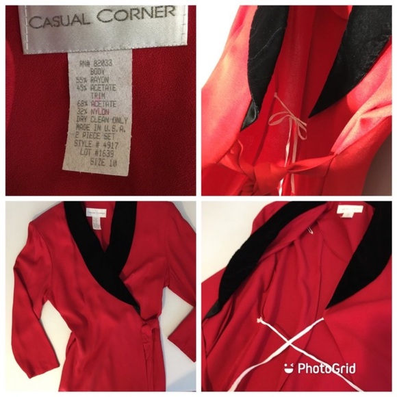Vintage 80s 90s Red Wrap Top with Velvet Lapel, Christmas - Picture 2 of 10